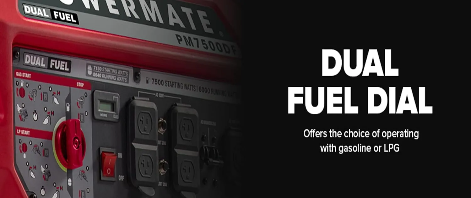 Powermate PM7500 7,500-Watt Dual-Fuel Compatible Portable Generator - Gas and Propane - COsense Technology - Reliable Power Solution for Home, Camping, and Emergency Backup - 49 State/CSA - Red/Black