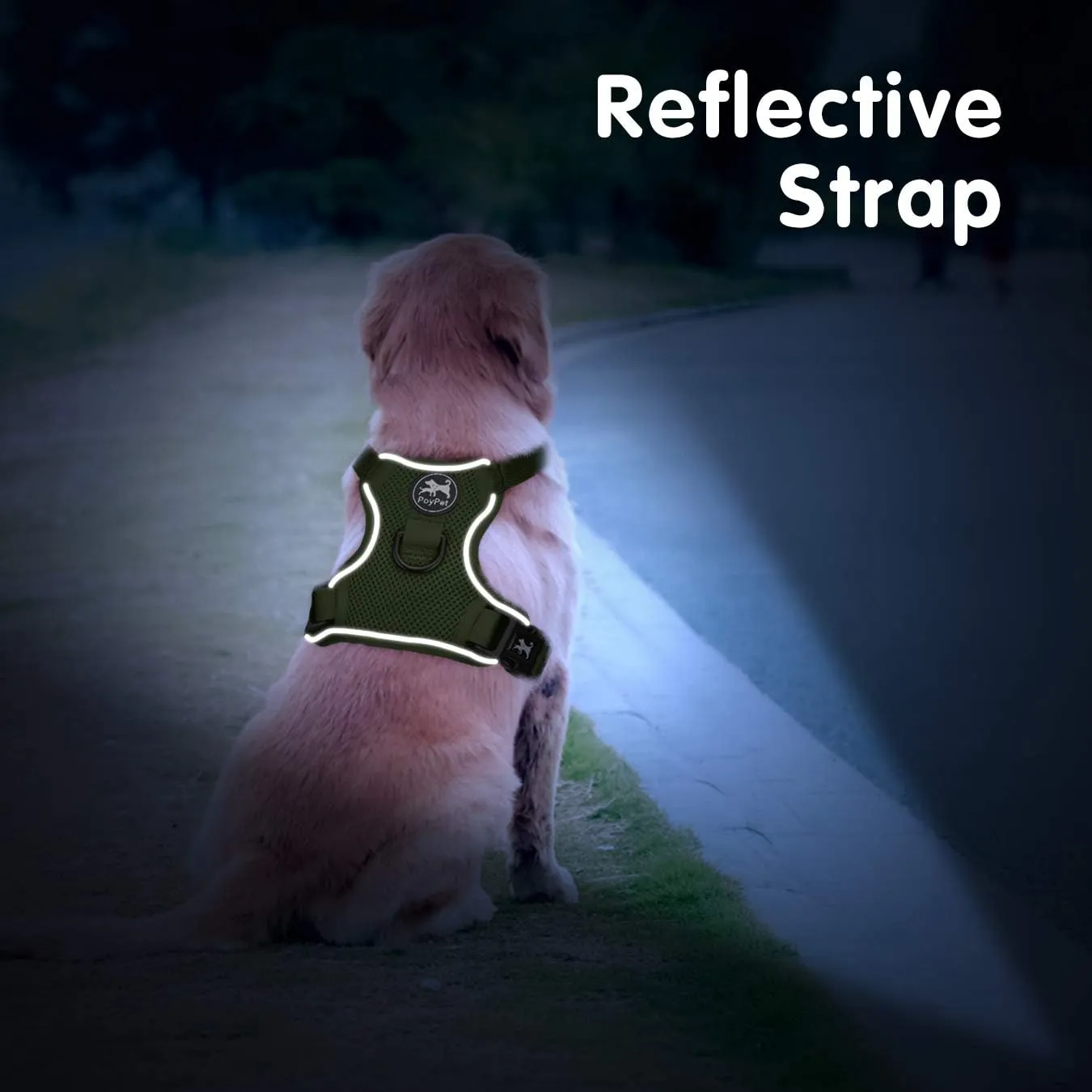 PoyPet Reflective Soft Breathable Mesh Dog Harness Choke-Free Double Padded Vest with Adjustable Neck and Chest(Military Green,M)