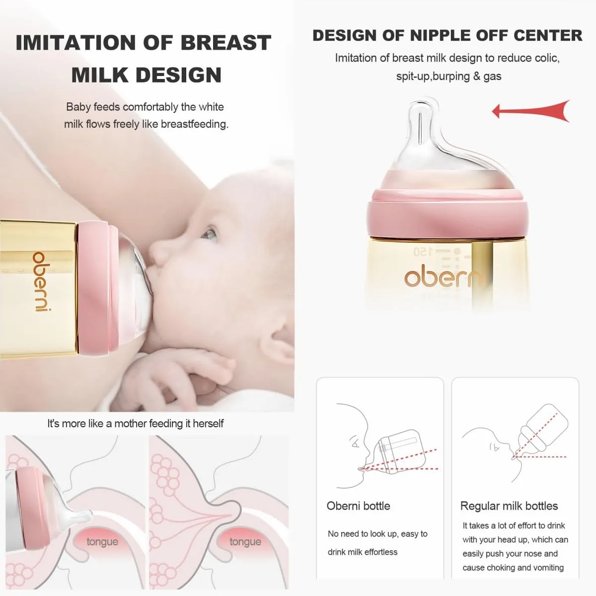 PPSU Baby Bottles, Anti Colic Breastfeeding Bottles with Natural Response Nipples, Wide Neck Baby Bottle for Babies, Newborn 0-6 Months, BPA Free-Off-Centered Nipple-Size M(7 Ounce, Pink, PPSU)