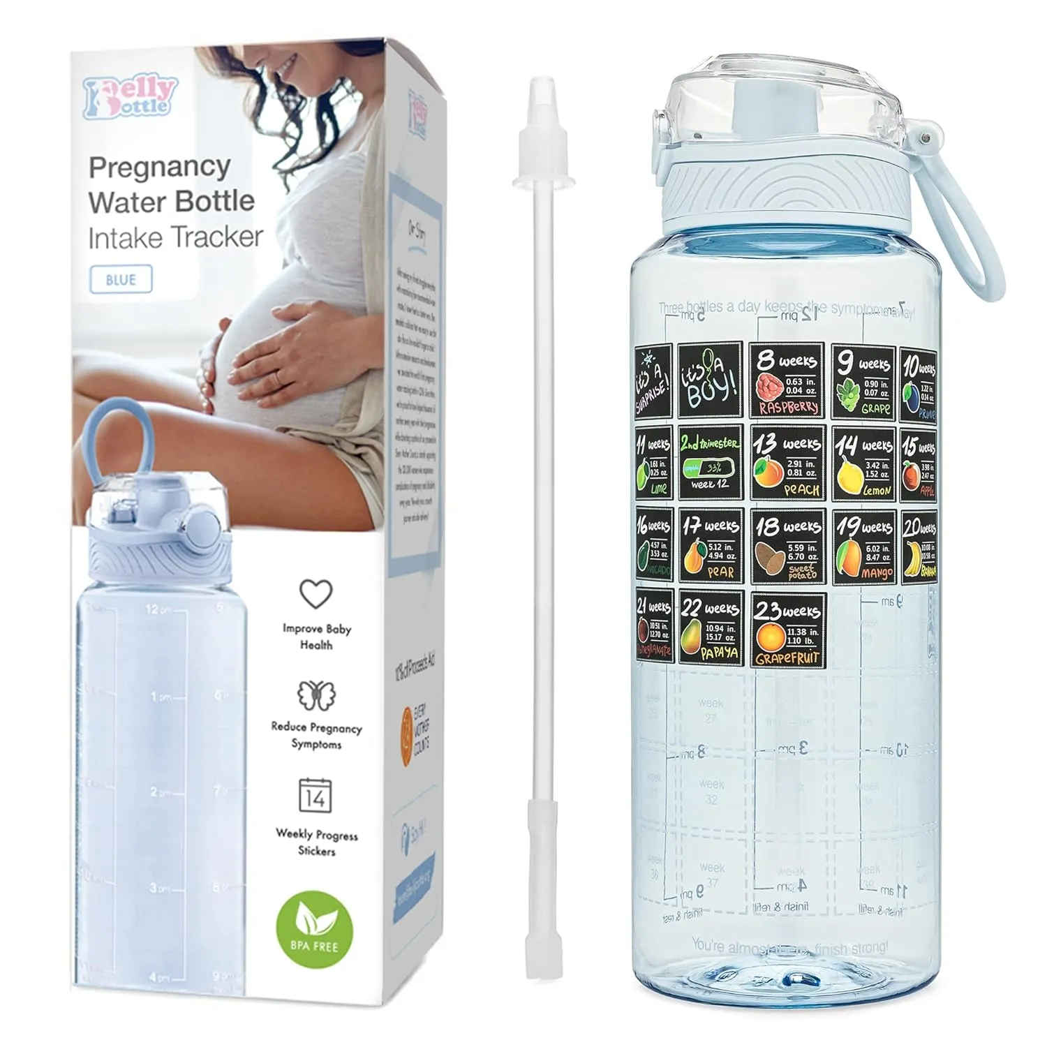 Pregnancy Water Bottle Tracker – Pregnancy Must Haves – Pregnancy Gifts for Expecting Mom – Pregnancy Essentials Nausea Relief – Weekly Stickers   Straw   BPA Free – Blue