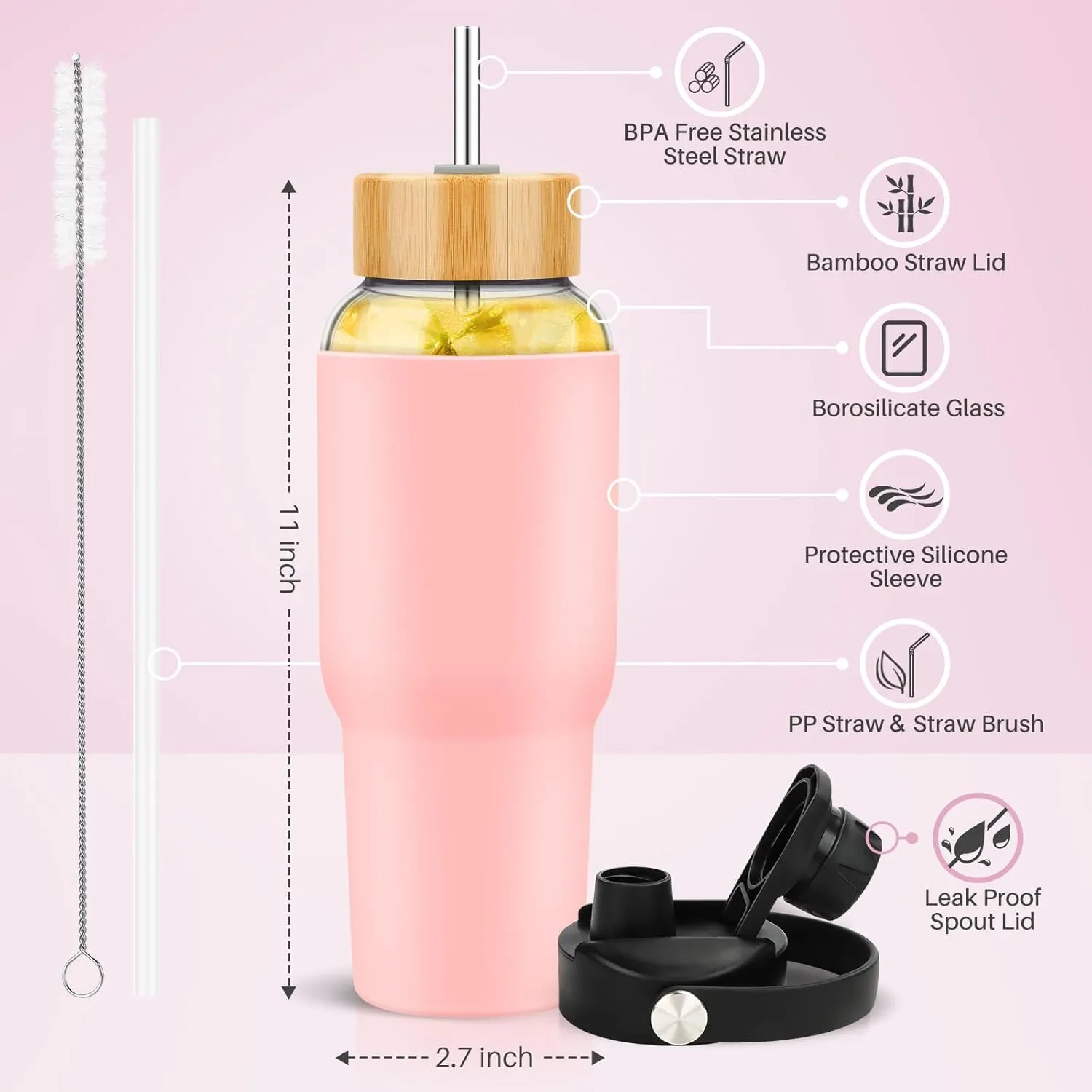 PROBTTL Glass Water Bottles 32 oz, 1 Liter Glass Tumbler, Borosilicate Water Bottle with Straw, Silicone Sleeve, 2 Lids - Handle Spout & Bamboo Straw Lid, Fits Car Cup Holder