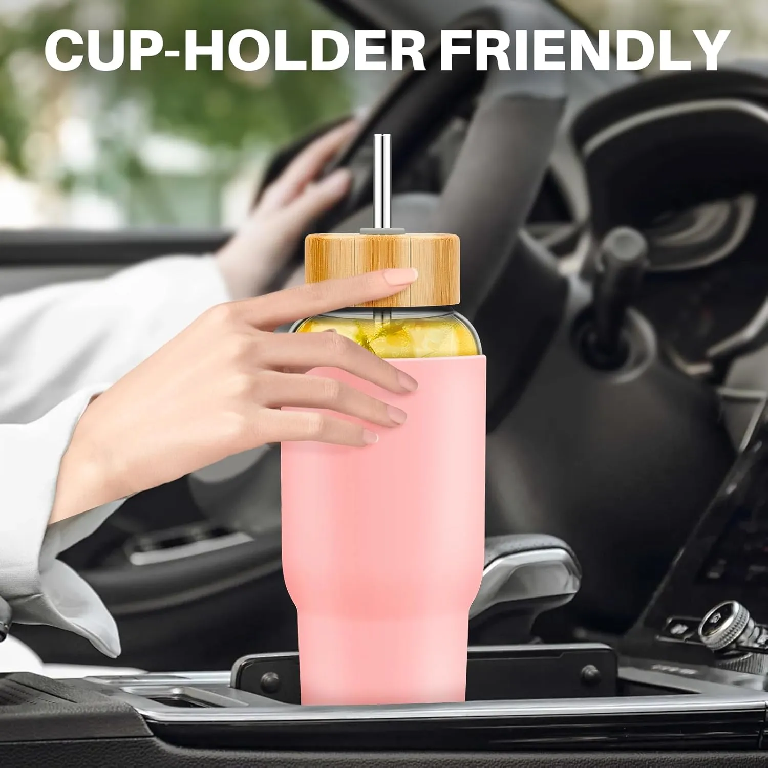 PROBTTL Glass Water Bottles 32 oz, 1 Liter Glass Tumbler, Borosilicate Water Bottle with Straw, Silicone Sleeve, 2 Lids - Handle Spout & Bamboo Straw Lid, Fits Car Cup Holder