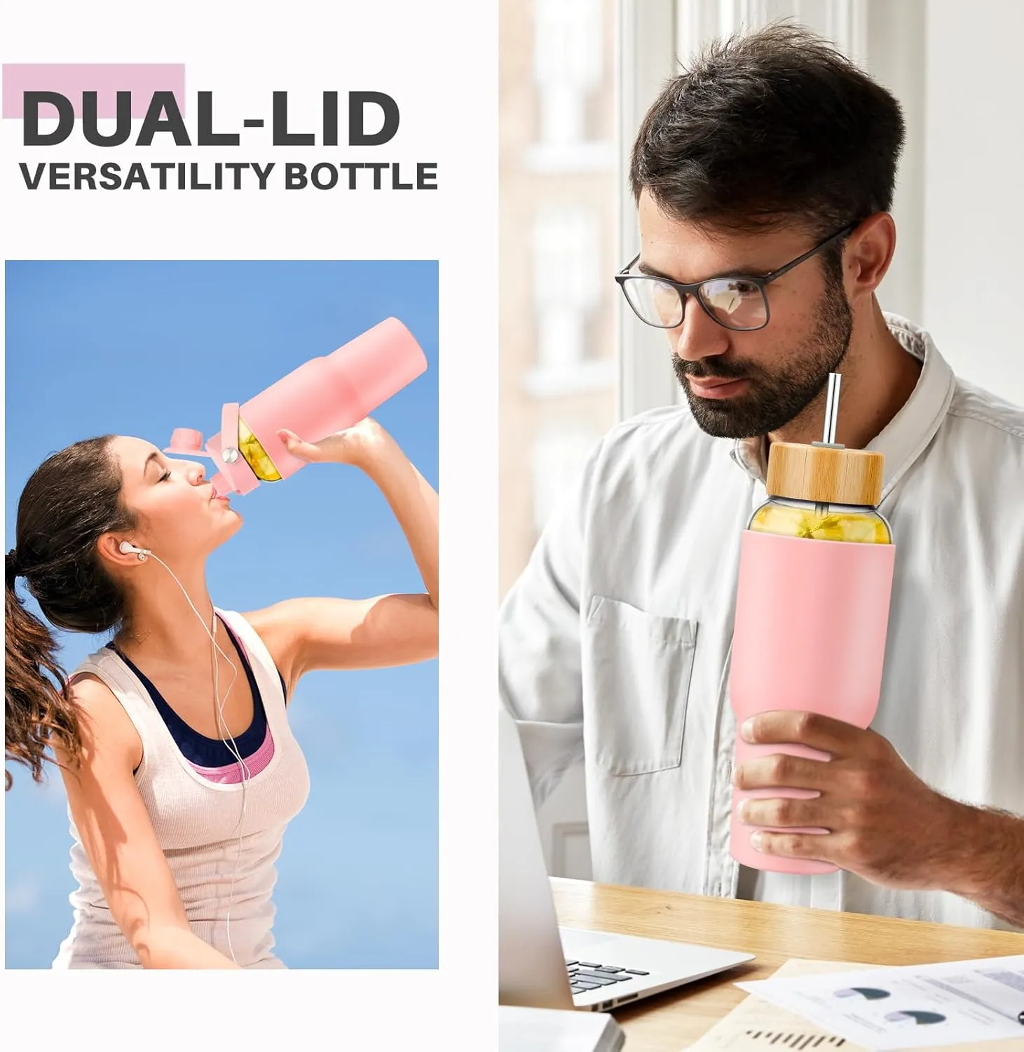 PROBTTL Glass Water Bottles 32 oz, 1 Liter Glass Tumbler, Borosilicate Water Bottle with Straw, Silicone Sleeve, 2 Lids - Handle Spout & Bamboo Straw Lid, Fits Car Cup Holder