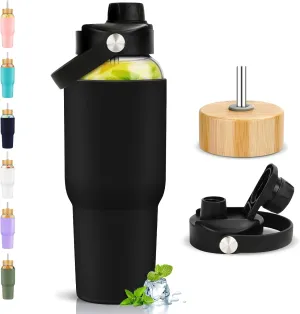 PROBTTL Glass Water Bottles 32 oz, 1 Liter Glass Tumbler, Borosilicate Water Bottle with Straw, Silicone Sleeve, 2 Lids - Handle Spout & Bamboo Straw Lid, Fits Car Cup Holder