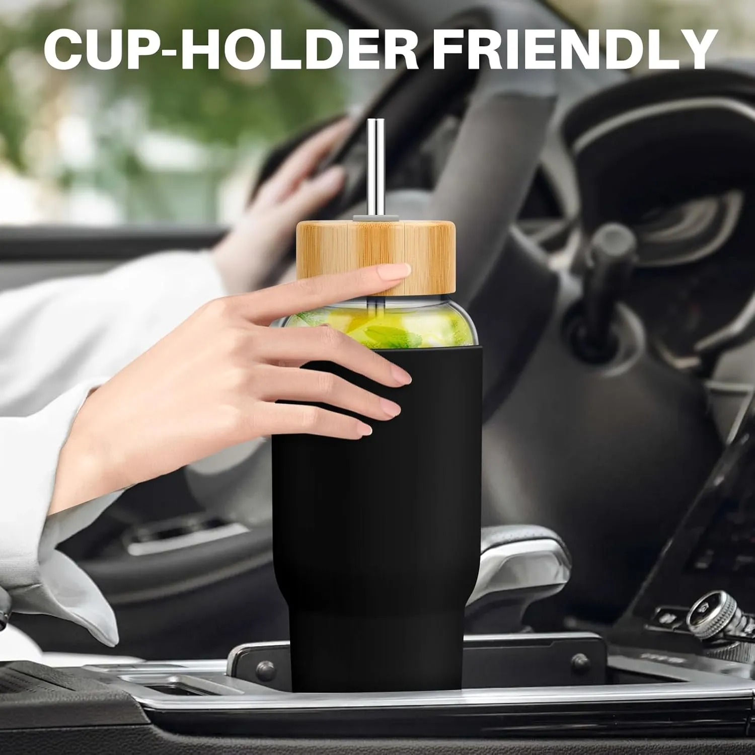 PROBTTL Glass Water Bottles 32 oz, 1 Liter Glass Tumbler, Borosilicate Water Bottle with Straw, Silicone Sleeve, 2 Lids - Handle Spout & Bamboo Straw Lid, Fits Car Cup Holder