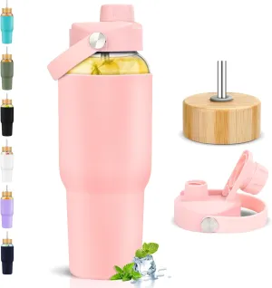 PROBTTL Glass Water Bottles 32 oz, 1 Liter Glass Tumbler, Borosilicate Water Bottle with Straw, Silicone Sleeve, 2 Lids - Handle Spout & Bamboo Straw Lid, Fits Car Cup Holder