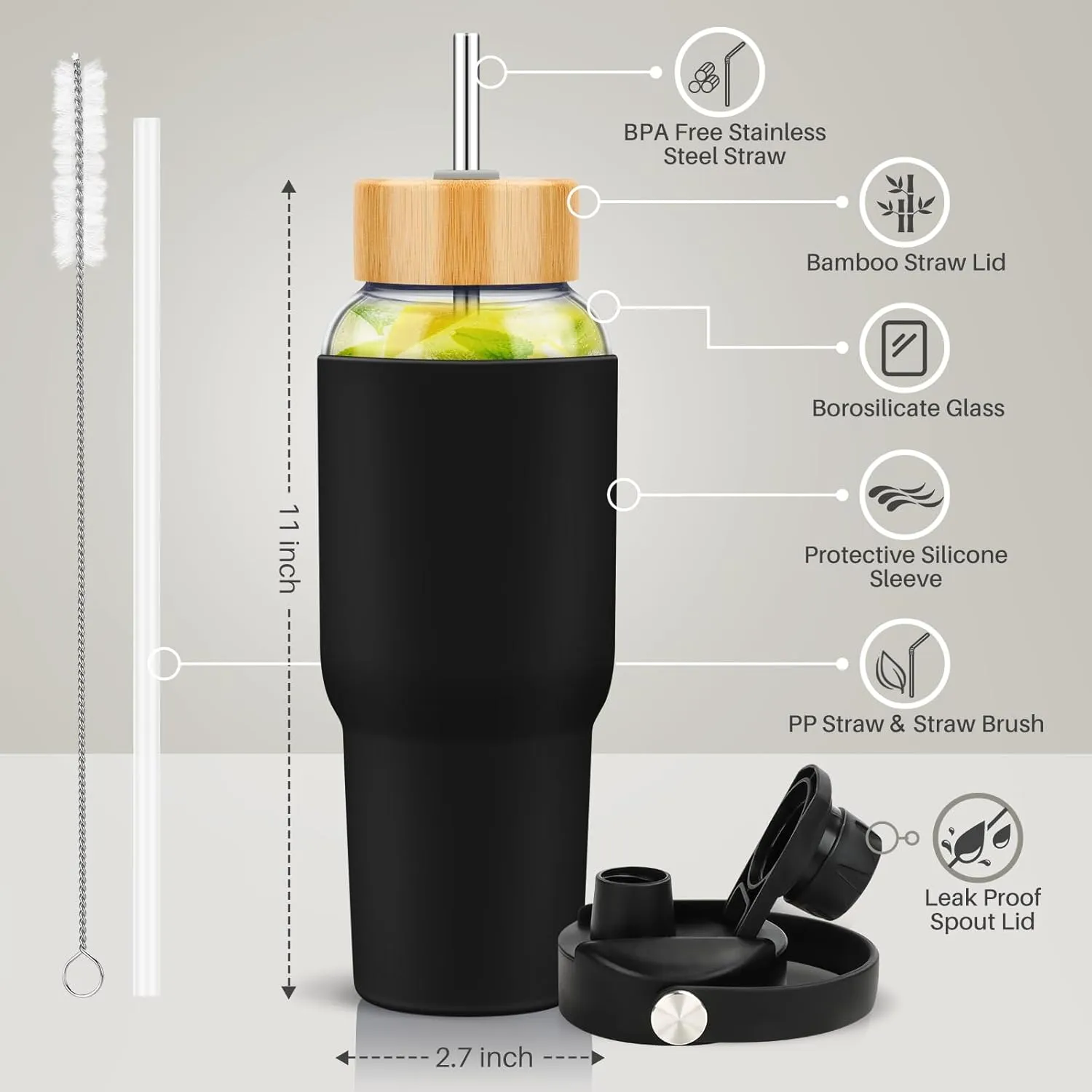 PROBTTL Glass Water Bottles 32 oz, 1 Liter Glass Tumbler, Borosilicate Water Bottle with Straw, Silicone Sleeve, 2 Lids - Handle Spout & Bamboo Straw Lid, Fits Car Cup Holder