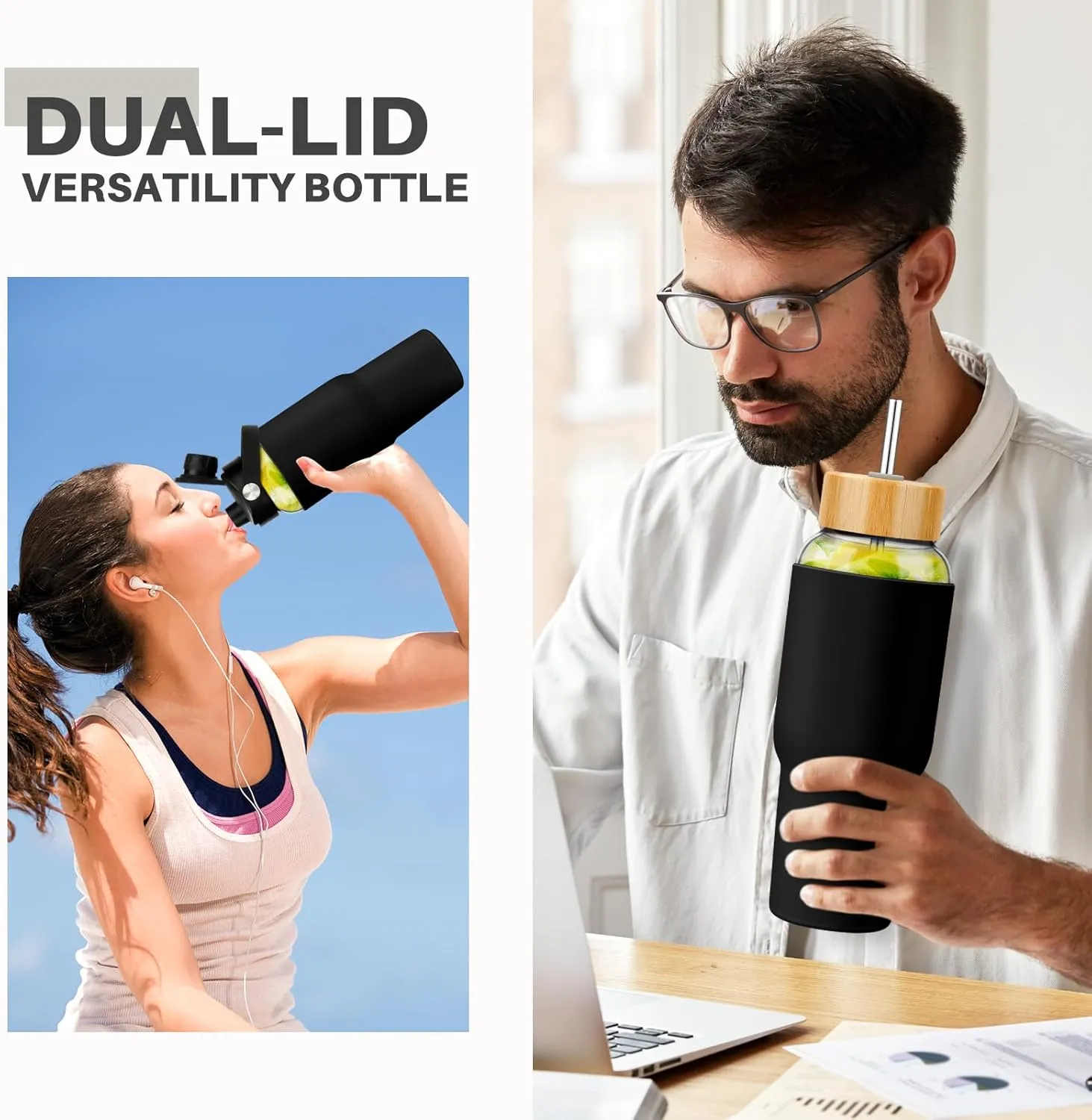 PROBTTL Glass Water Bottles 32 oz, 1 Liter Glass Tumbler, Borosilicate Water Bottle with Straw, Silicone Sleeve, 2 Lids - Handle Spout & Bamboo Straw Lid, Fits Car Cup Holder