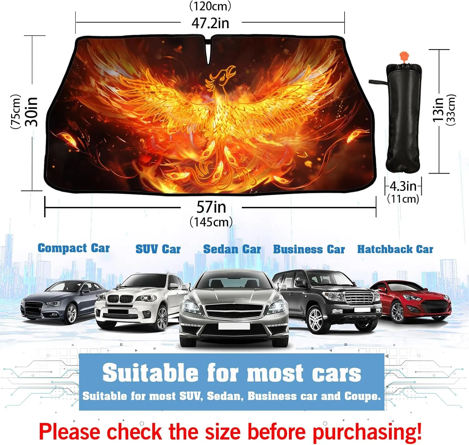 Psychedelic Phoenix Flame Bird Car Umbrella Sun Shade Cover Gorgeous Phoenix Foldable Car Windshield Sun Shade Umbrella Block UV Rays Heat Keep Vehicle Cool for Cars SUV Trucks 57"x30"