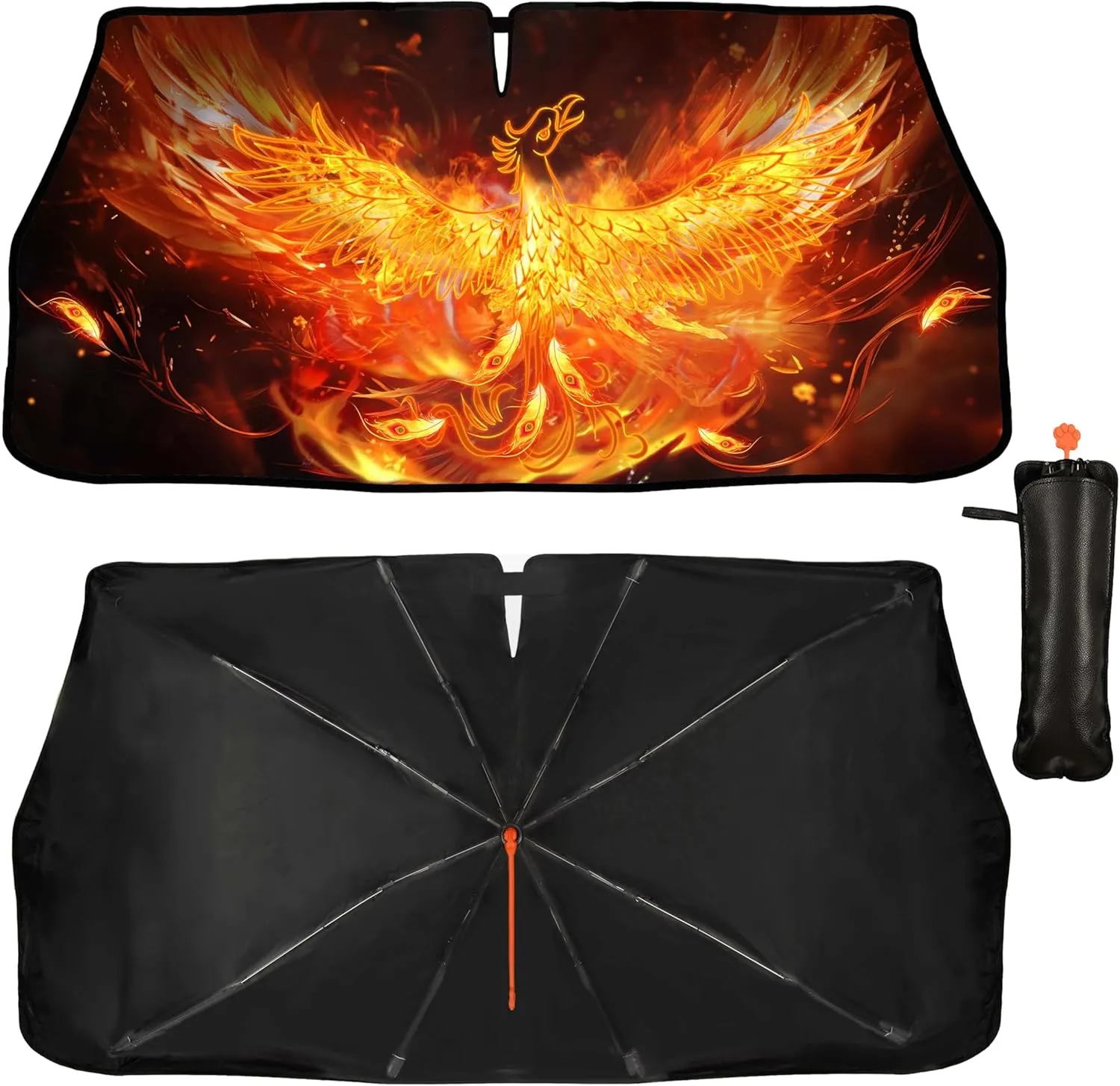 Psychedelic Phoenix Flame Bird Car Umbrella Sun Shade Cover Gorgeous Phoenix Foldable Car Windshield Sun Shade Umbrella Block UV Rays Heat Keep Vehicle Cool for Cars SUV Trucks 57"x30"