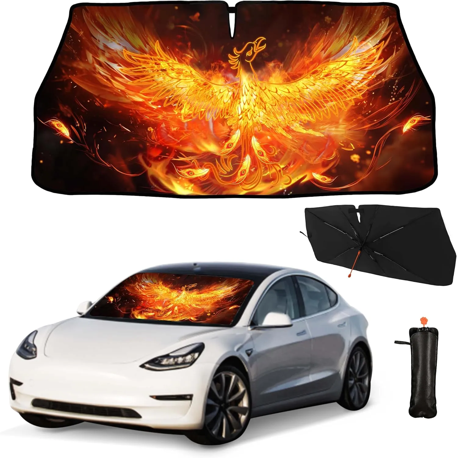 Psychedelic Phoenix Flame Bird Car Umbrella Sun Shade Cover Gorgeous Phoenix Foldable Car Windshield Sun Shade Umbrella Block UV Rays Heat Keep Vehicle Cool for Cars SUV Trucks 57"x30"