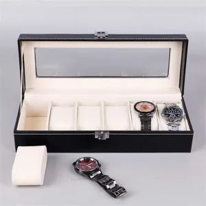 PU Leather Watch Box Organizer with Real Glass Lid, 6 Grid Watch Case for Men & Women, Jewelry Storage