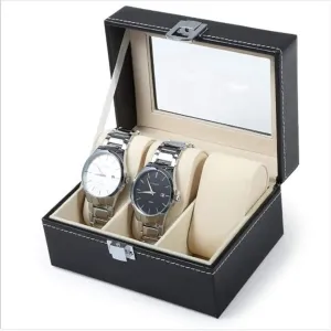 PU Leather Watch Organizer Box with Real Glass Lid, 2/3/5/6 Grid Storage Case for Quartz Watches – Black