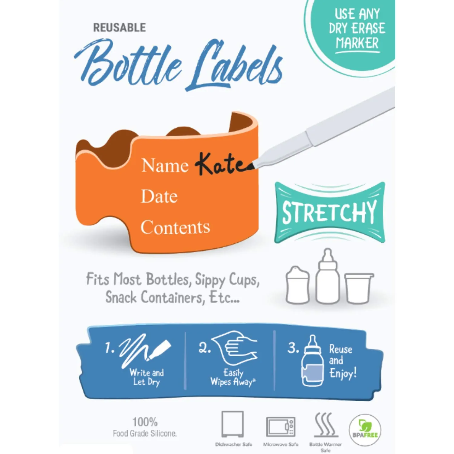 Pumpkin Doodle-The Original Write and Reuse Baby Bottle Labels for Daycare (Pink-Small) Compatible with Dr. Brown's 4oz Bottle