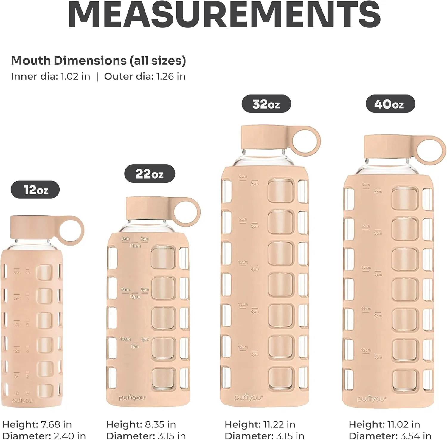purifyou 40/32/22/12 oz Borosilicate Glass Water Bottles with Volume Markers, Silicone Sleeve, Stainless Steel Lid, Reusable Bottle for Water, Juice, Gym, and Fridge Storage (32oz Hazelnut)