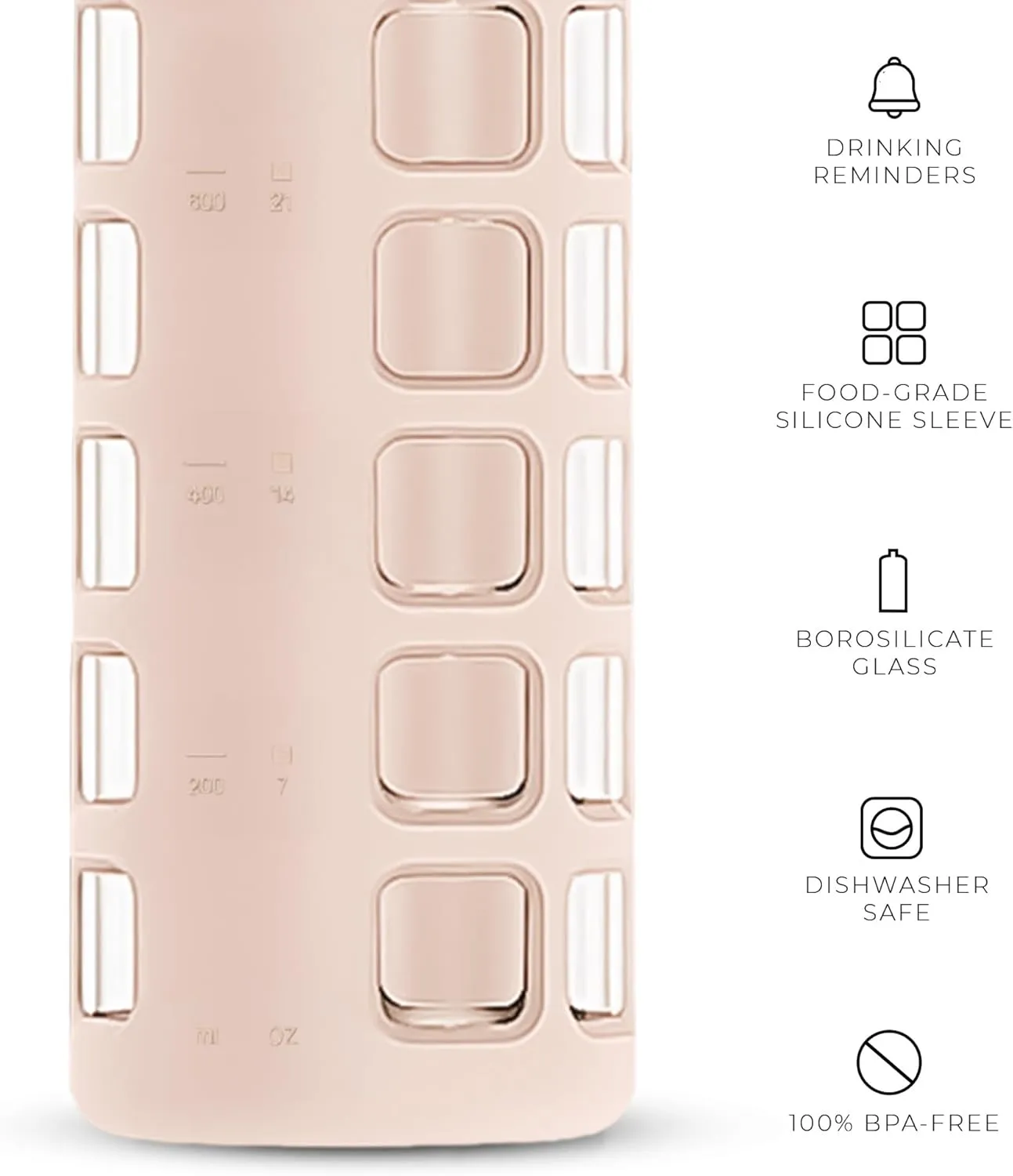 purifyou 40/32/22/12 oz Borosilicate Glass Water Bottles with Volume Markers, Silicone Sleeve, Stainless Steel Lid, Reusable Bottle for Water, Juice, Gym, and Fridge Storage (32oz Hazelnut)