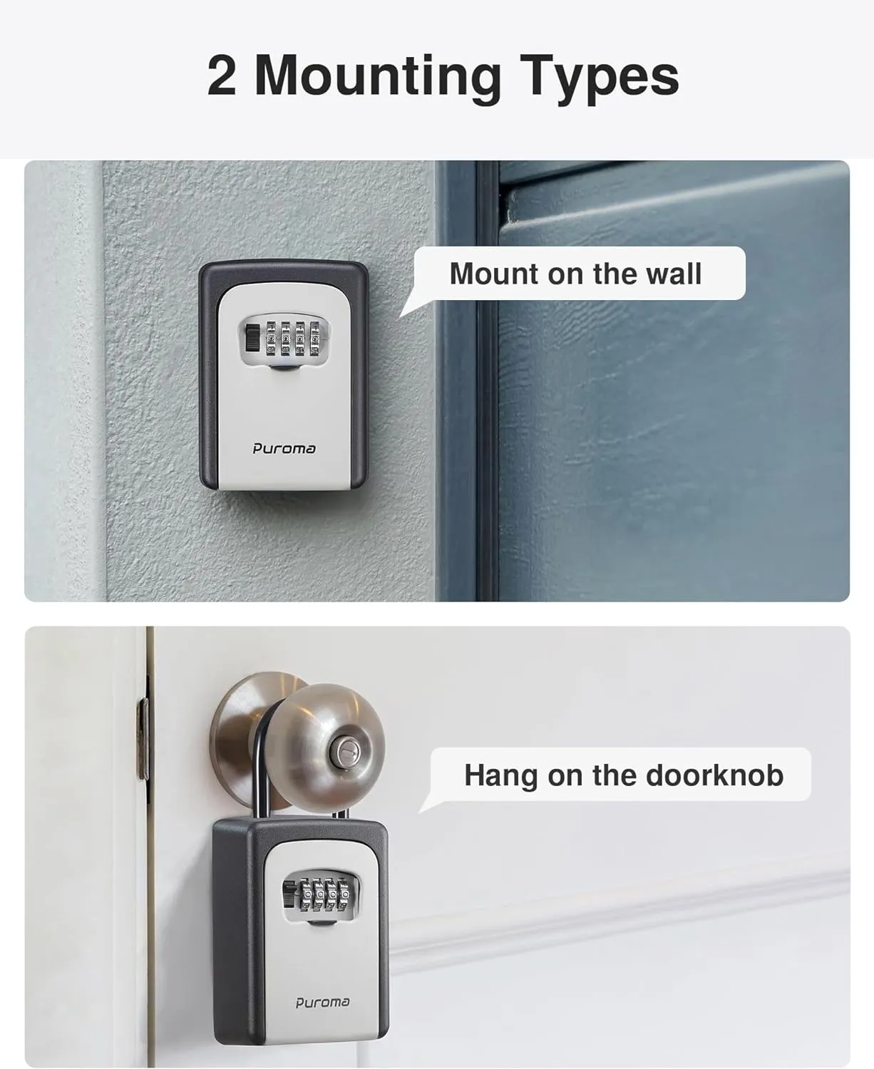 Puroma Lock Box, Large Key Lock Box Resettable Combination Code Lockbox, Portable Wall Mount Lockbox Waterproof Security Safe Box for Outside Outdoor Home Office Door Handle House Key, Gray (1 Pack)