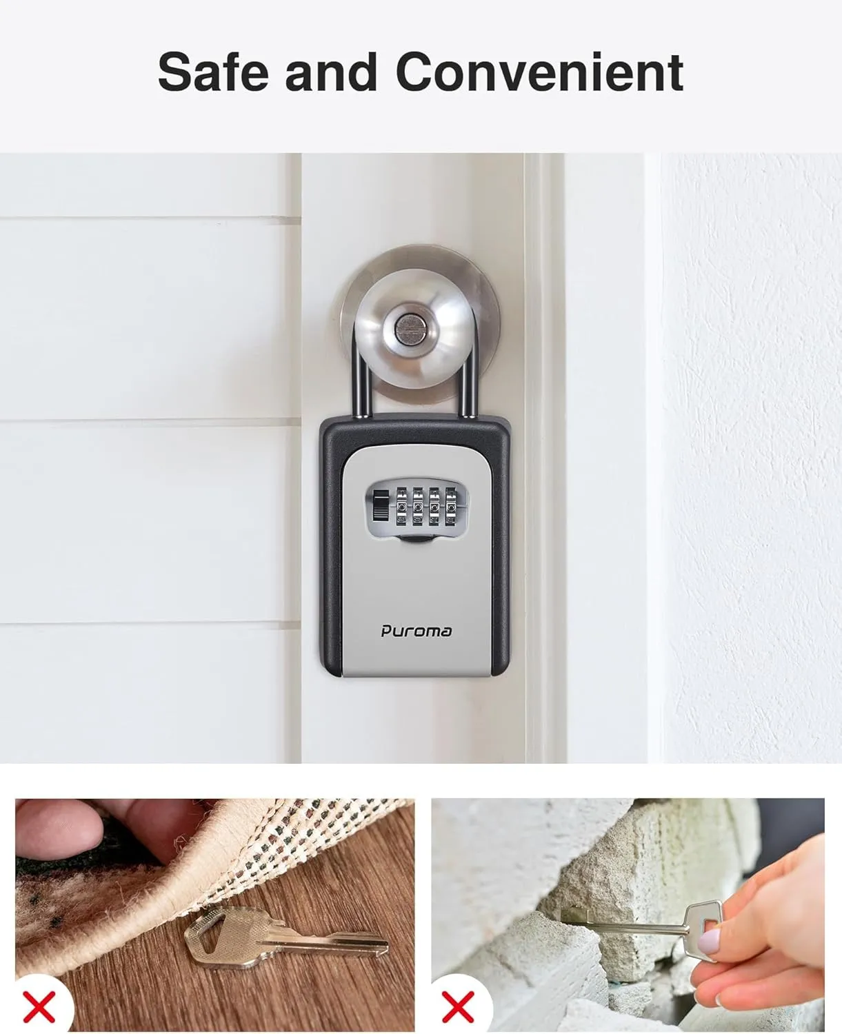 Puroma Lock Box, Large Key Lock Box Resettable Combination Code Lockbox, Portable Wall Mount Lockbox Waterproof Security Safe Box for Outside Outdoor Home Office Door Handle House Key, Gray (1 Pack)
