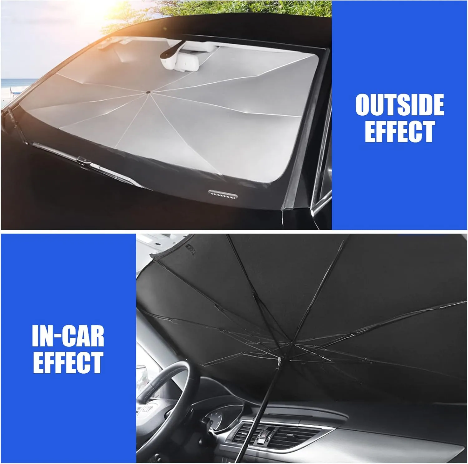 QODOLSI 1 PC Car Windshield Sun Shade Umbrella, 55" x 31" Opening Design Dashboard Protective Umbrella, Foldable Sun Shield Shade Keep Your Vehicle Cool for Car SUV Truck (Silver)