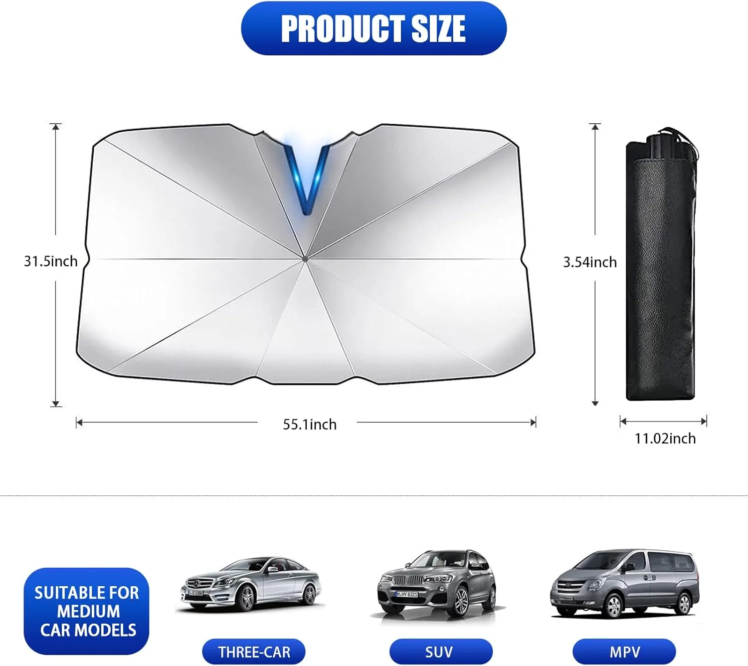 QODOLSI 1 PC Car Windshield Sun Shade Umbrella, 55" x 31" Opening Design Dashboard Protective Umbrella, Foldable Sun Shield Shade Keep Your Vehicle Cool for Car SUV Truck (Silver)