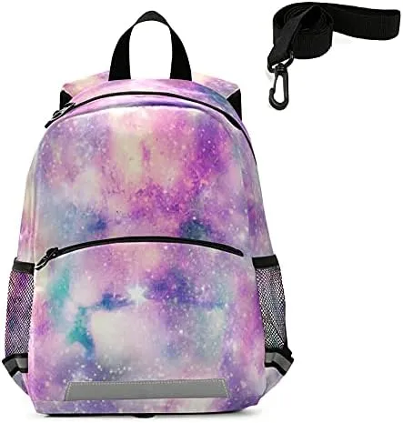 QUGRL Pink Starry Galaxy Child Backpack for Kids Girls with Safety Leash Harness for Toddlers Kindergarten Schoolbag Preschool Nursery Travel Bag 3-8 Years