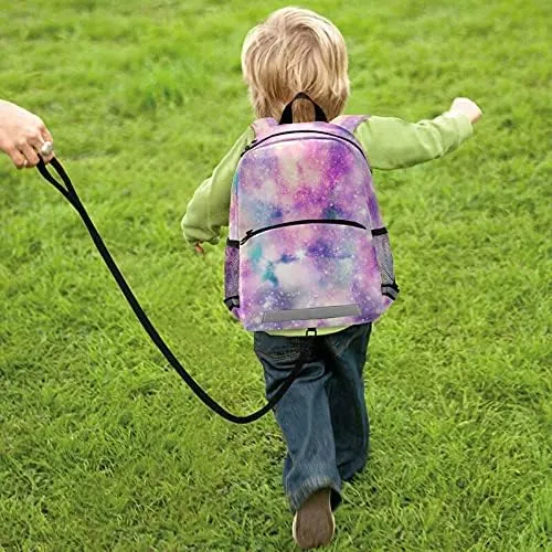 QUGRL Pink Starry Galaxy Child Backpack for Kids Girls with Safety Leash Harness for Toddlers Kindergarten Schoolbag Preschool Nursery Travel Bag 3-8 Years