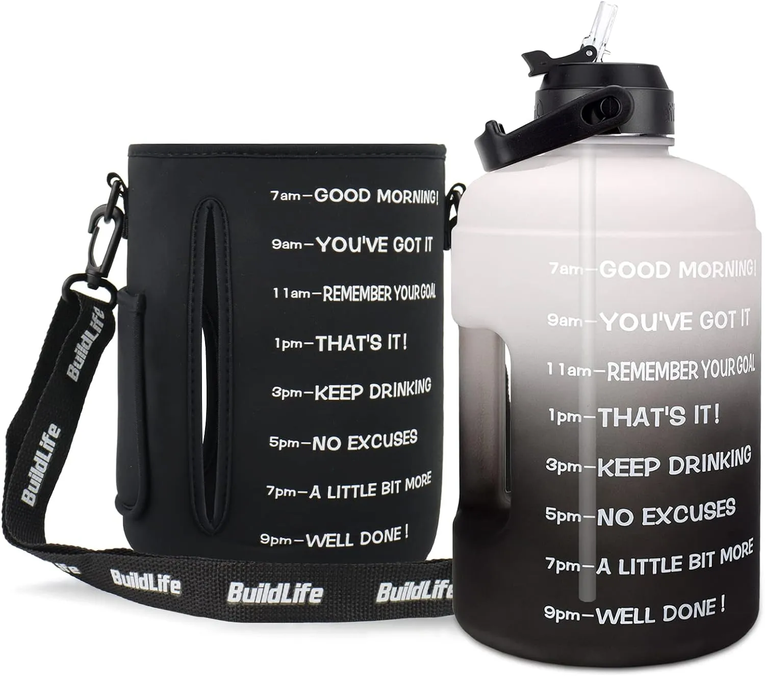 QuiFit 1 Gallon Water Bottle - with Straw & Motivational Time Marker Leak-Proof BPA Free Reusable Gym Sports Outdoor Large(128OZ/73OZ) Capacity Water Jug