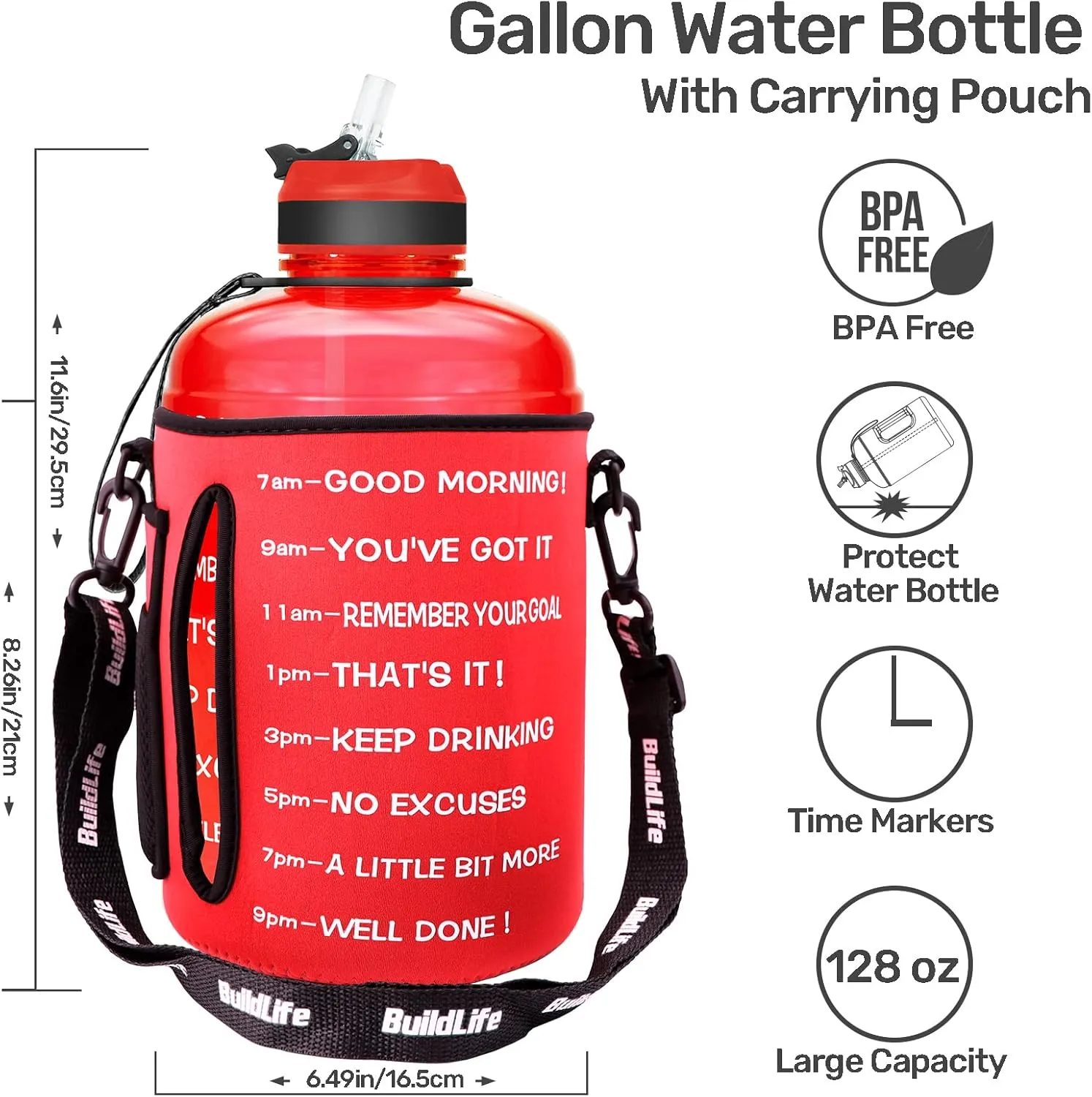 QuiFit Motivational Gallon Water Bottle - with Straw & Time Marker BPA Free Large Reusable Sport Water Jug with Handle for Fitness Outdoor Enthusiasts Leak-Proof