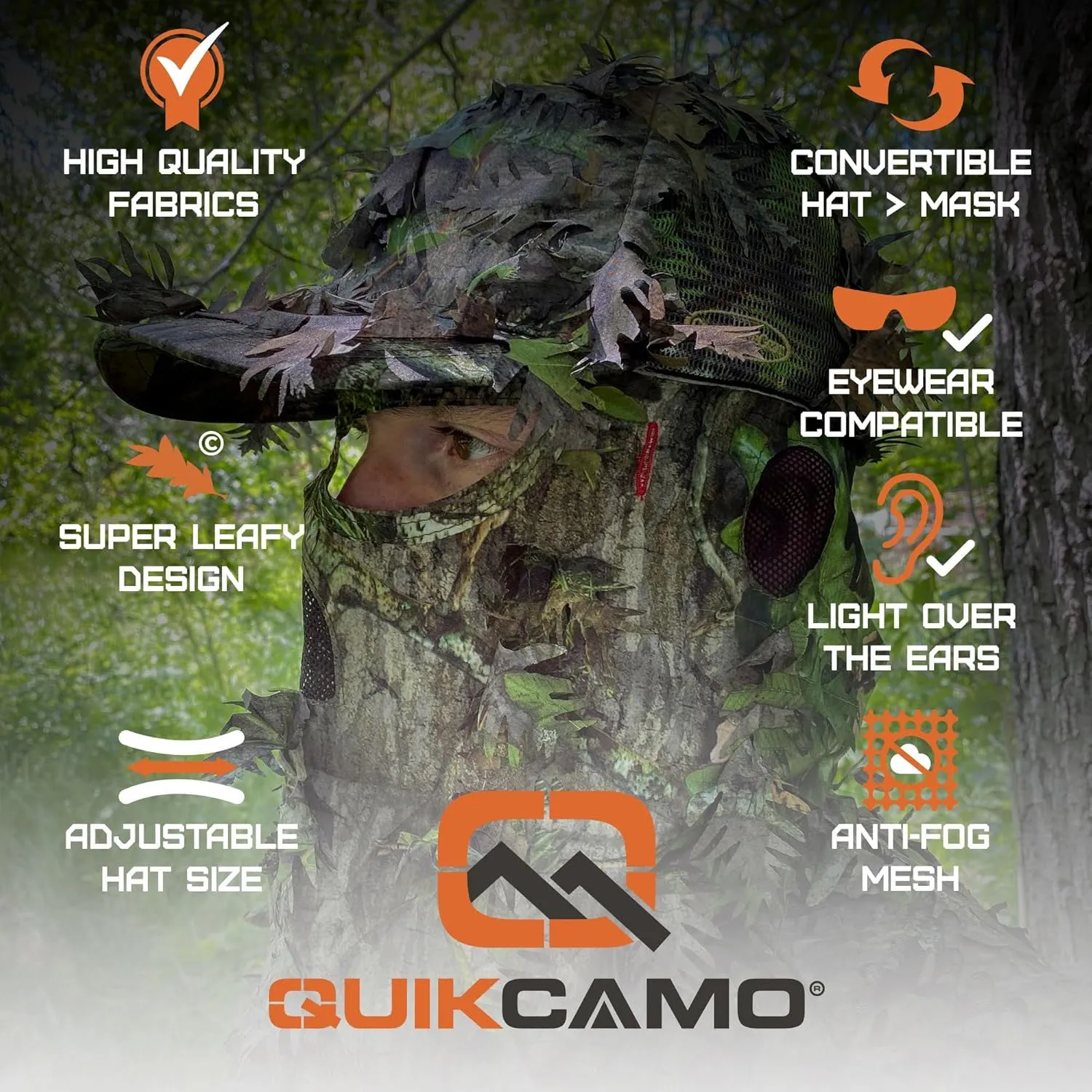 QuikCamo Lightweight 3D Leafy Camo Face Mask & Hat for Hunting, OSFM Adjustable Camouflage Hat, Mossy Oak & Realtree