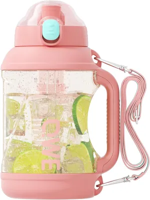 QWE Dual Drink Spouts Water Bottle,Handle holder strap,high-capacity,54oz,Tea Strainer,Heat-resisting PPSU BPA Free,Double drinking with straw leak proof, for Travel, School,Outdoors,camping (Pink)