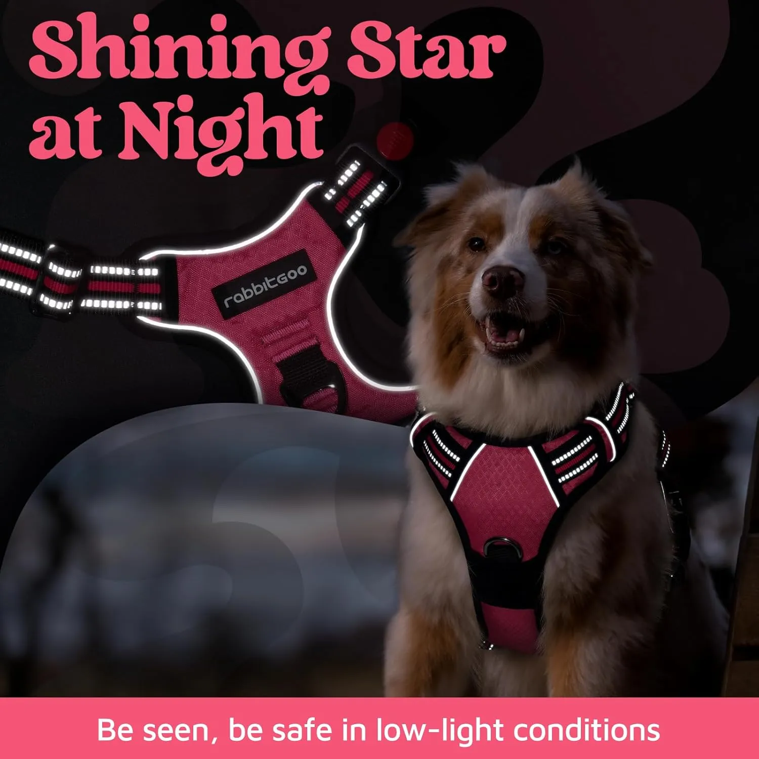 rabbitgoo Dog Harness for Large Dogs, No Pull Pet Vest with 3 Buckles, Adjustable Soft Padded Pet Harness with Easy Control Handle and Reflective Strips, Pink, L