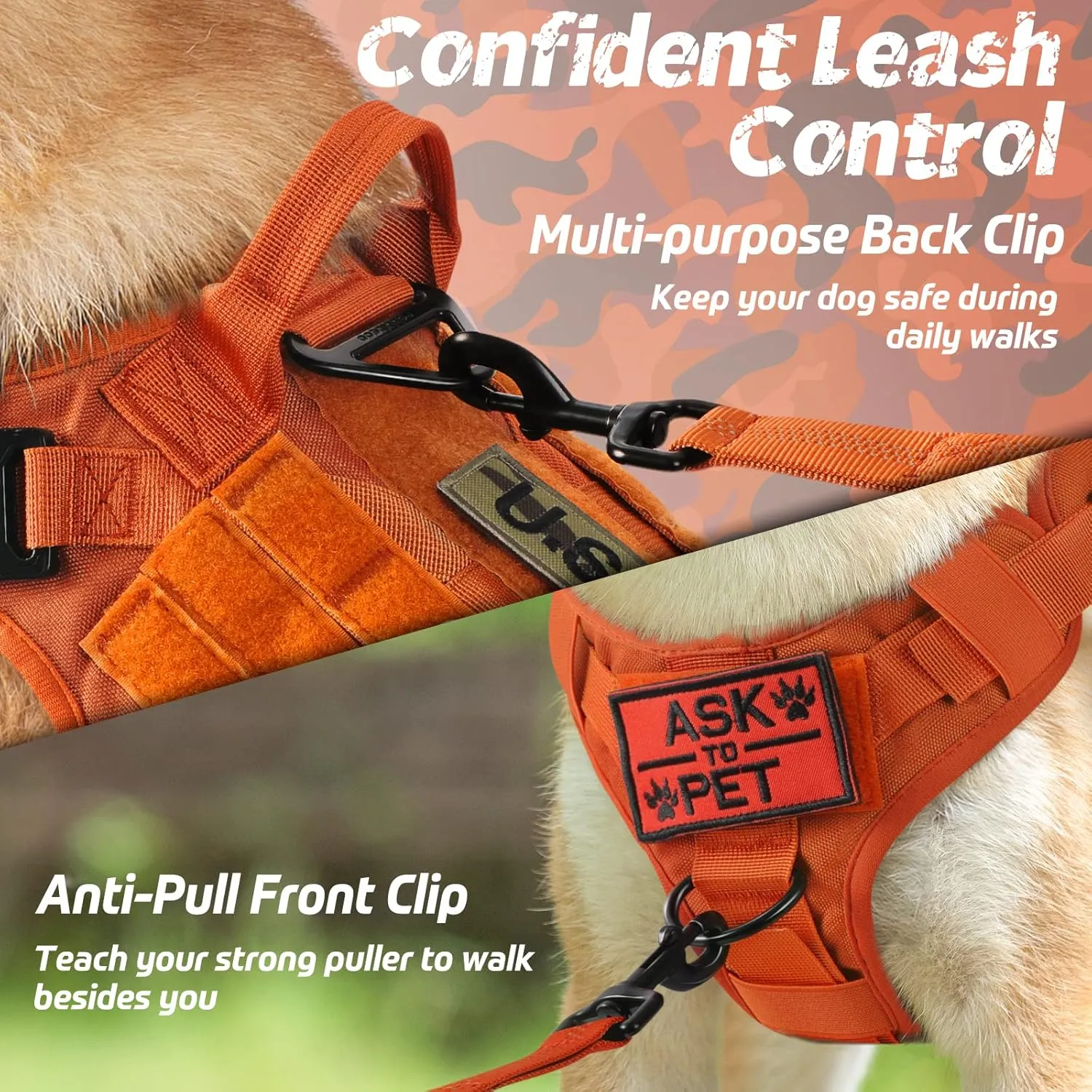 rabbitgoo Tactical Dog Harness for Large Dogs, Heavy Duty Dog Harness with Handle, No-Pull Service Dog Vest Large Breed, Adjustable Military Dog Vest Harness for Training Hunting Walking, Orange, M