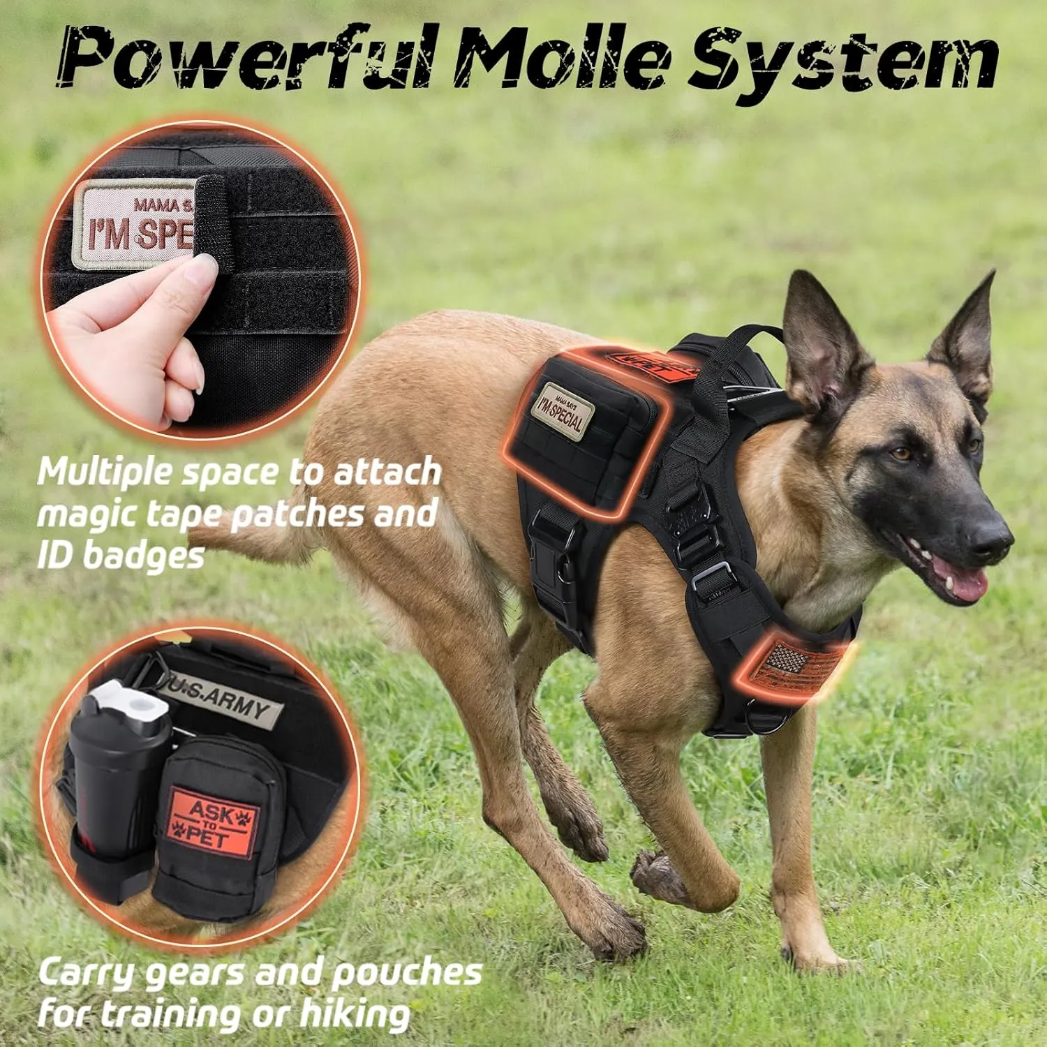rabbitgoo Tactical Dog Harness for Large, Heavy Duty Pet Harness with Handle, No-Pull Service Vest Large Breed, Adjustable Military Dog Vest for Training Hunting Walking, Black, L