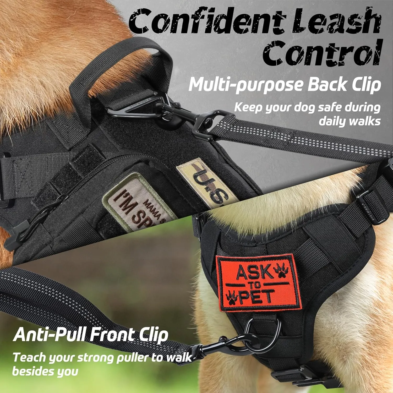 rabbitgoo Tactical Dog Harness for Large, Heavy Duty Pet Harness with Handle, No-Pull Service Vest Large Breed, Adjustable Military Dog Vest for Training Hunting Walking, Black, L