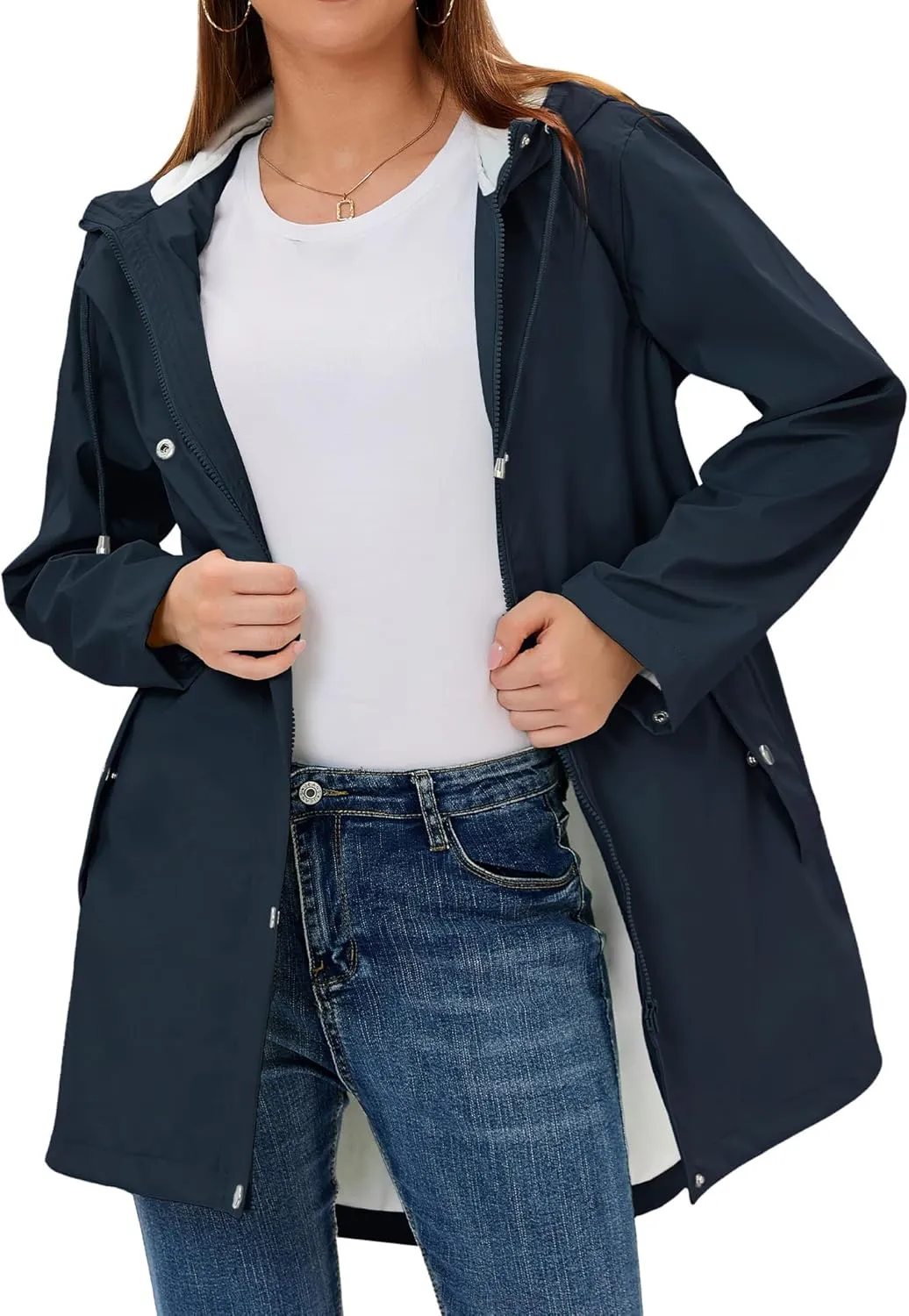 Rain Jacket Womens Waterproof with Hood, Long Rain Coat Windproof Windbreaker Outdoor Rain Trench Coat S-XXL