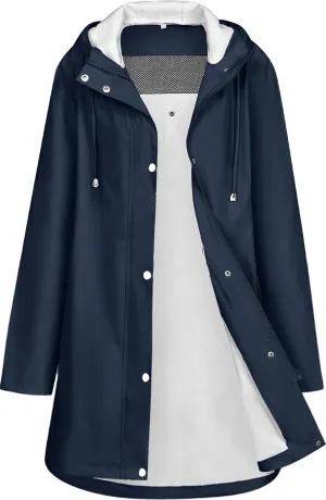Rain Jacket Womens Waterproof with Hood, Long Rain Coat Windproof Windbreaker Outdoor Rain Trench Coat S-XXL