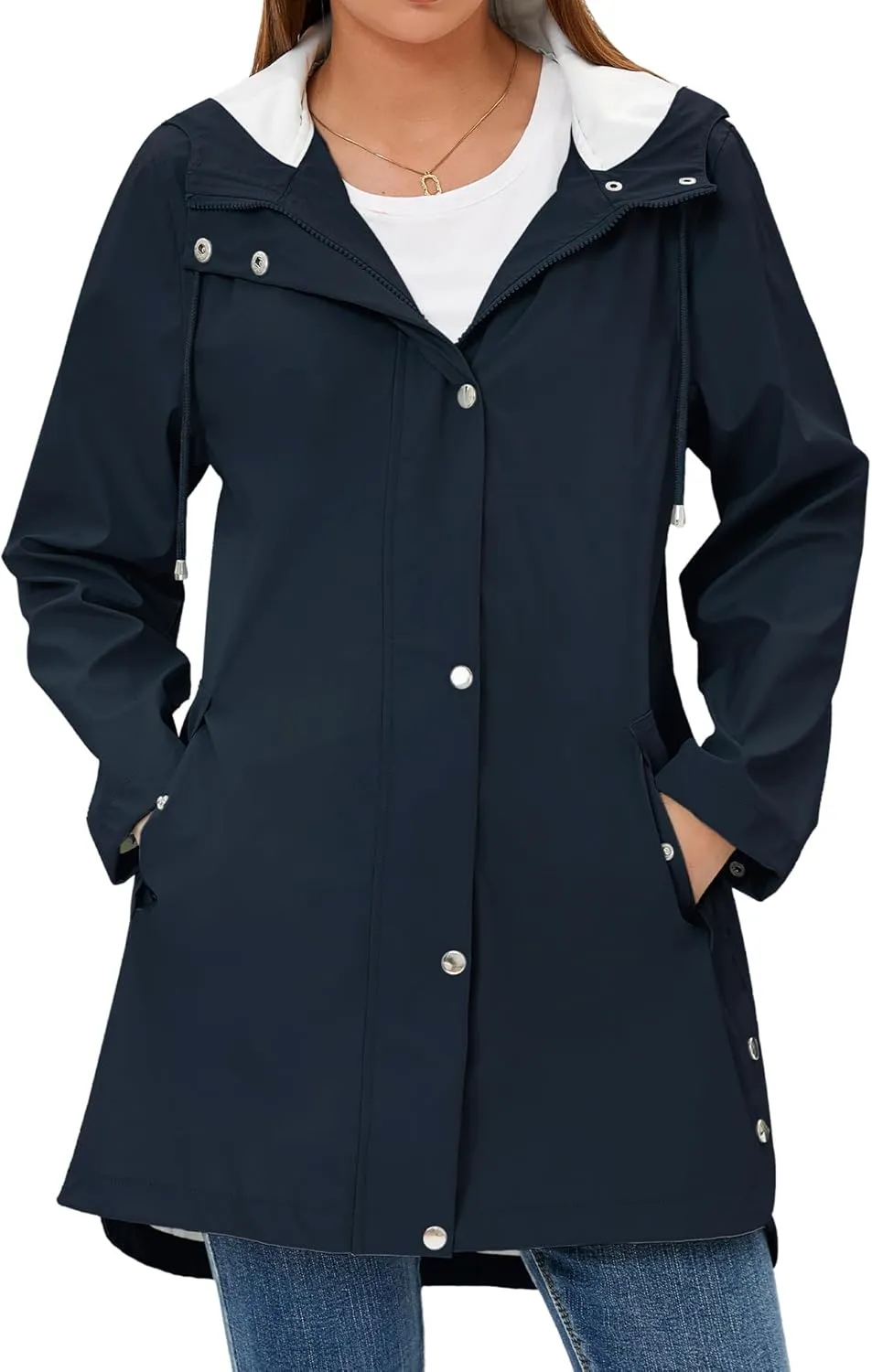 Rain Jacket Womens Waterproof with Hood, Long Rain Coat Windproof Windbreaker Outdoor Rain Trench Coat S-XXL
