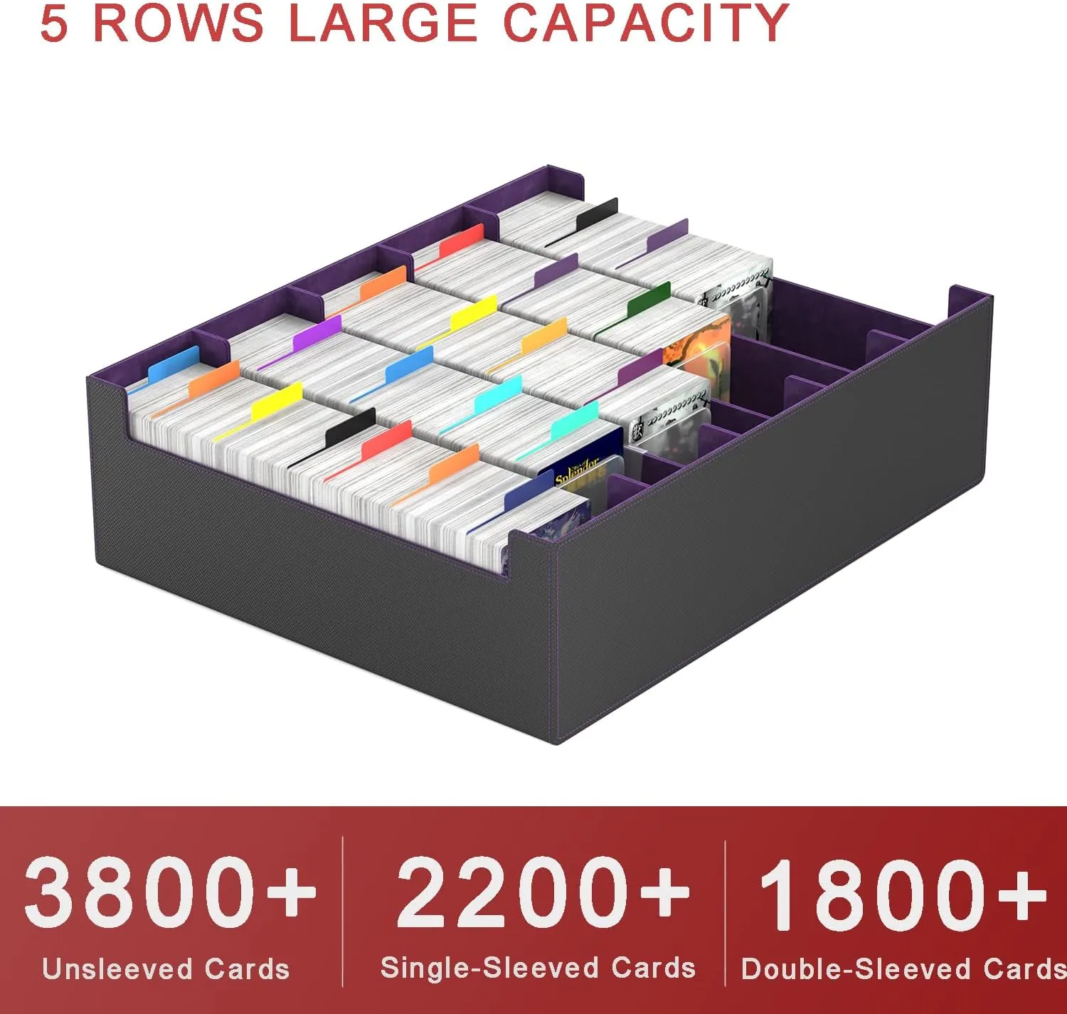 RASOO Card Deck Case for Trading Cards 4000 , 5 Rows Trading Card Storage Box with 24 Colorful Dividers and 5 Foam Stoppers, Premium Deck Box Fit for MTG, TCG (5 Black Purple Deck Box)