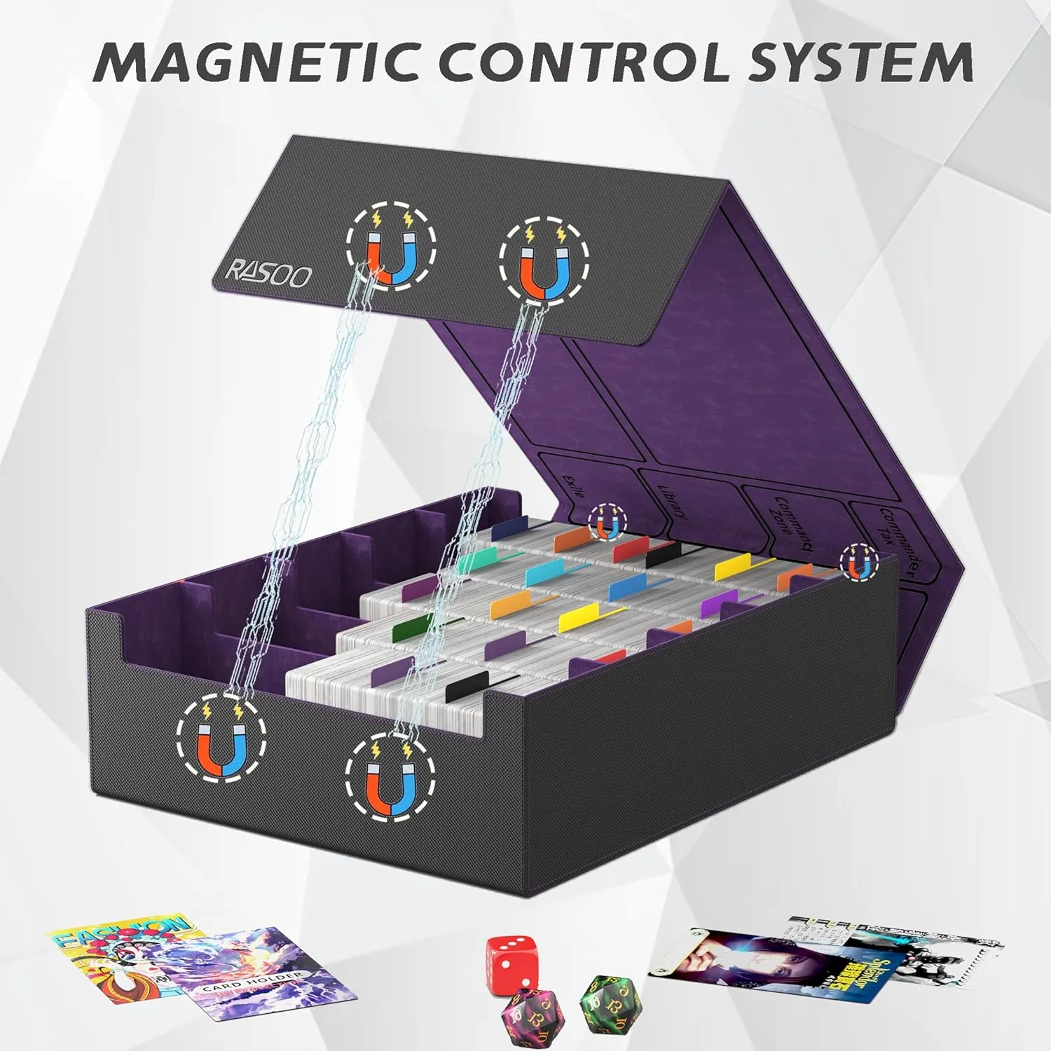 RASOO Card Deck Case for Trading Cards 4000 , 5 Rows Trading Card Storage Box with 24 Colorful Dividers and 5 Foam Stoppers, Premium Deck Box Fit for MTG, TCG (5 Black Purple Deck Box)