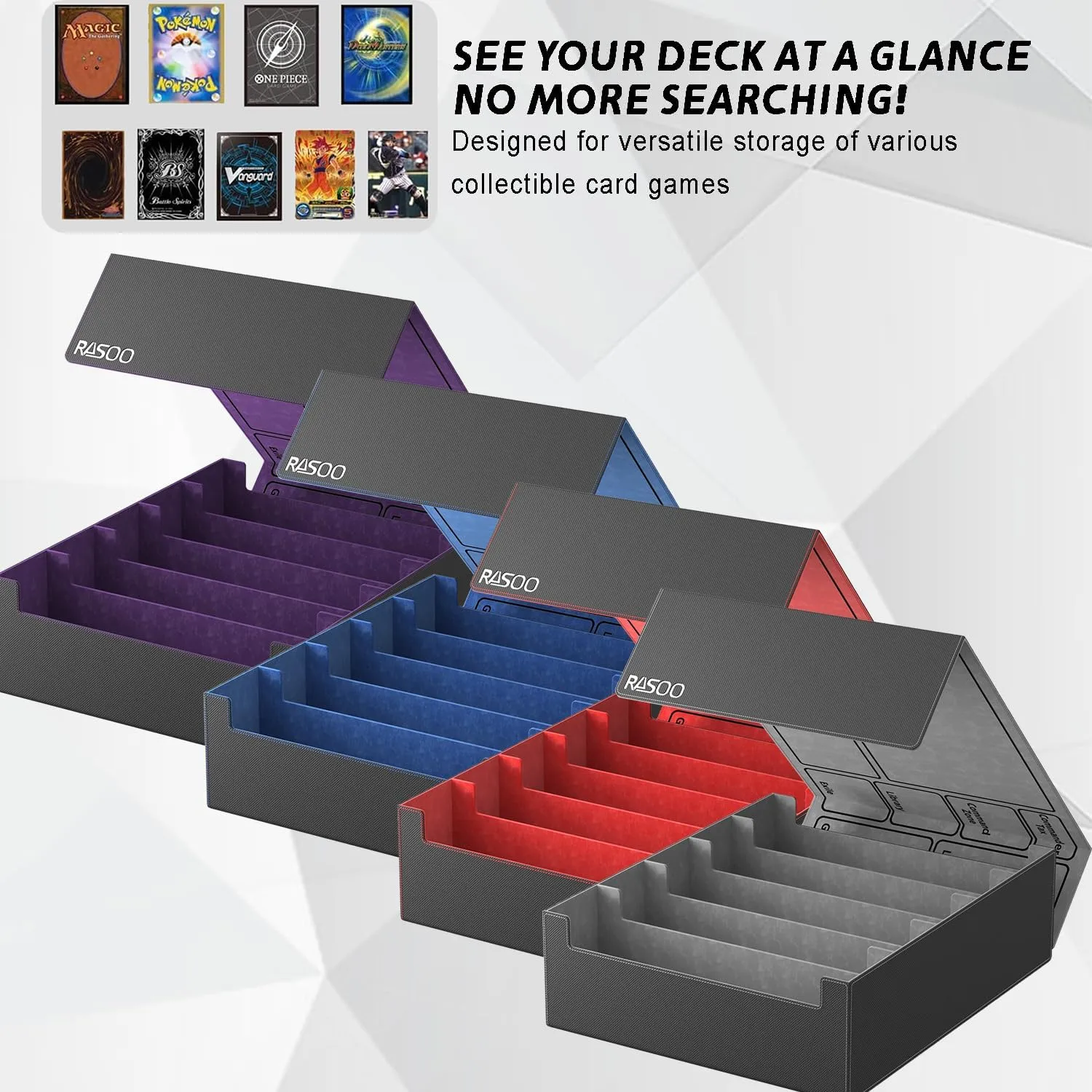 RASOO Card Deck Case for Trading Cards 4000 , 5 Rows Trading Card Storage Box with 24 Colorful Dividers and 5 Foam Stoppers, Premium Deck Box Fit for MTG, TCG (5 Black Purple Deck Box)