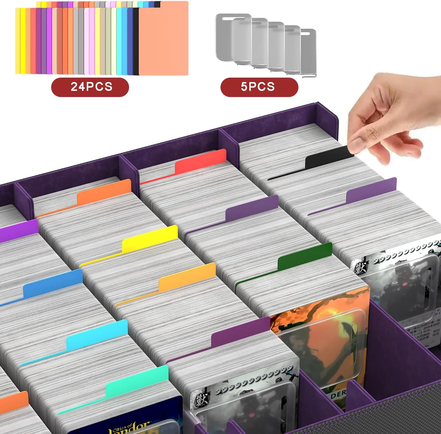 RASOO Card Deck Case for Trading Cards 4000 , 5 Rows Trading Card Storage Box with 24 Colorful Dividers and 5 Foam Stoppers, Premium Deck Box Fit for MTG, TCG (5 Black Purple Deck Box)