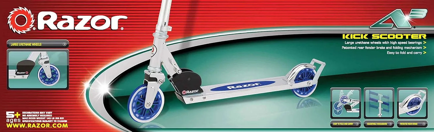 Razor A3 Kick Scooter for Kids - Larger Wheels, Front Suspension, Wheelie Bar, Lightweight, Foldable, and Adjustable Handlebars