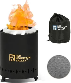 Red Mountain Valley Smokeless Tabletop Fire Pit with Mat, Portable Mini Low Smoke Camping Stove for Table and Outdoor, with Travel Bag and Fireproof Mat, Stainless Steel Black