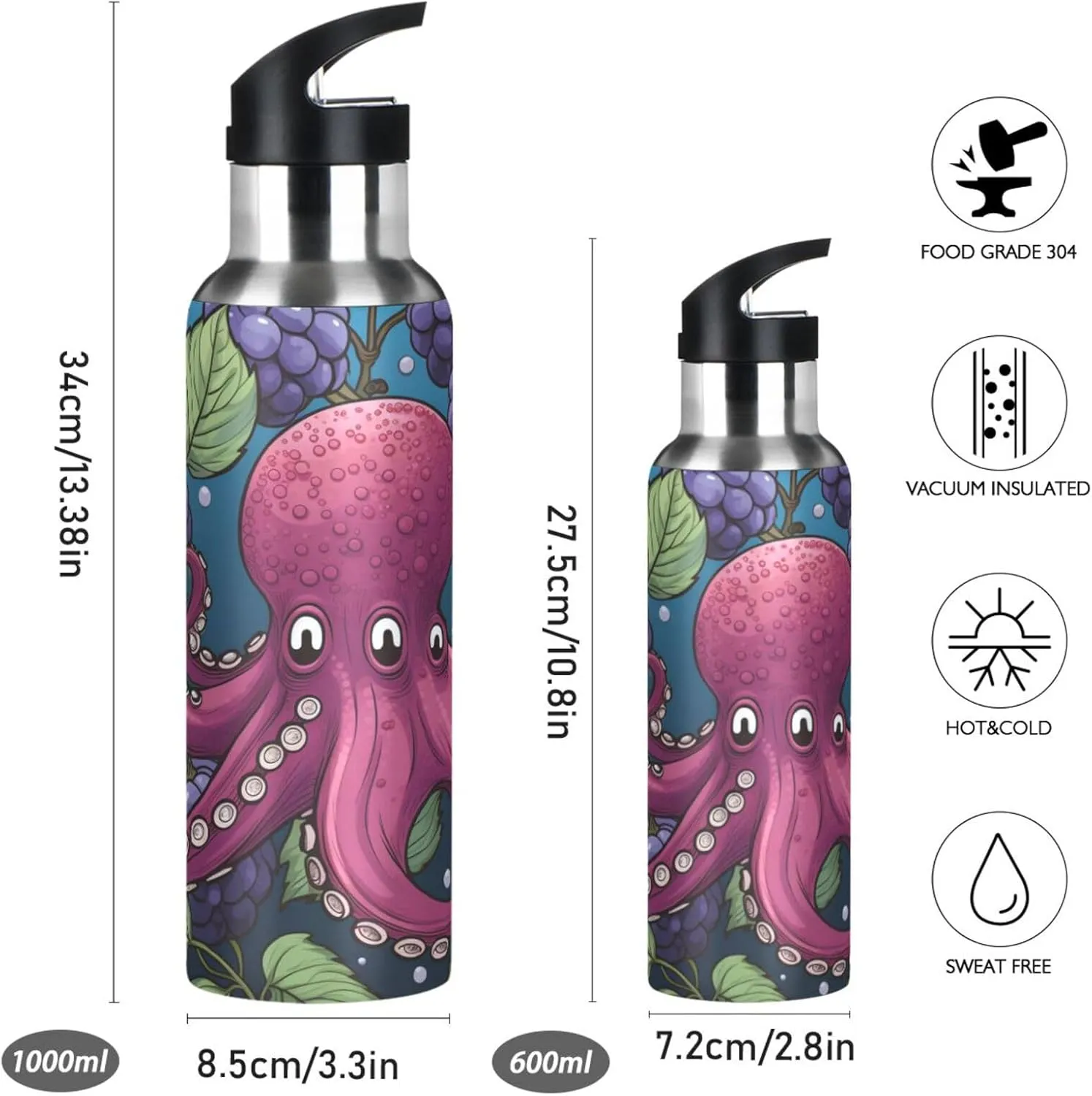 Red Octopus Grapes Sport Water Bottle Insulated Stainless Steel Large Vacuum Flask Leak Proof Thermos with Straw for Travel(600ml/1000ml)