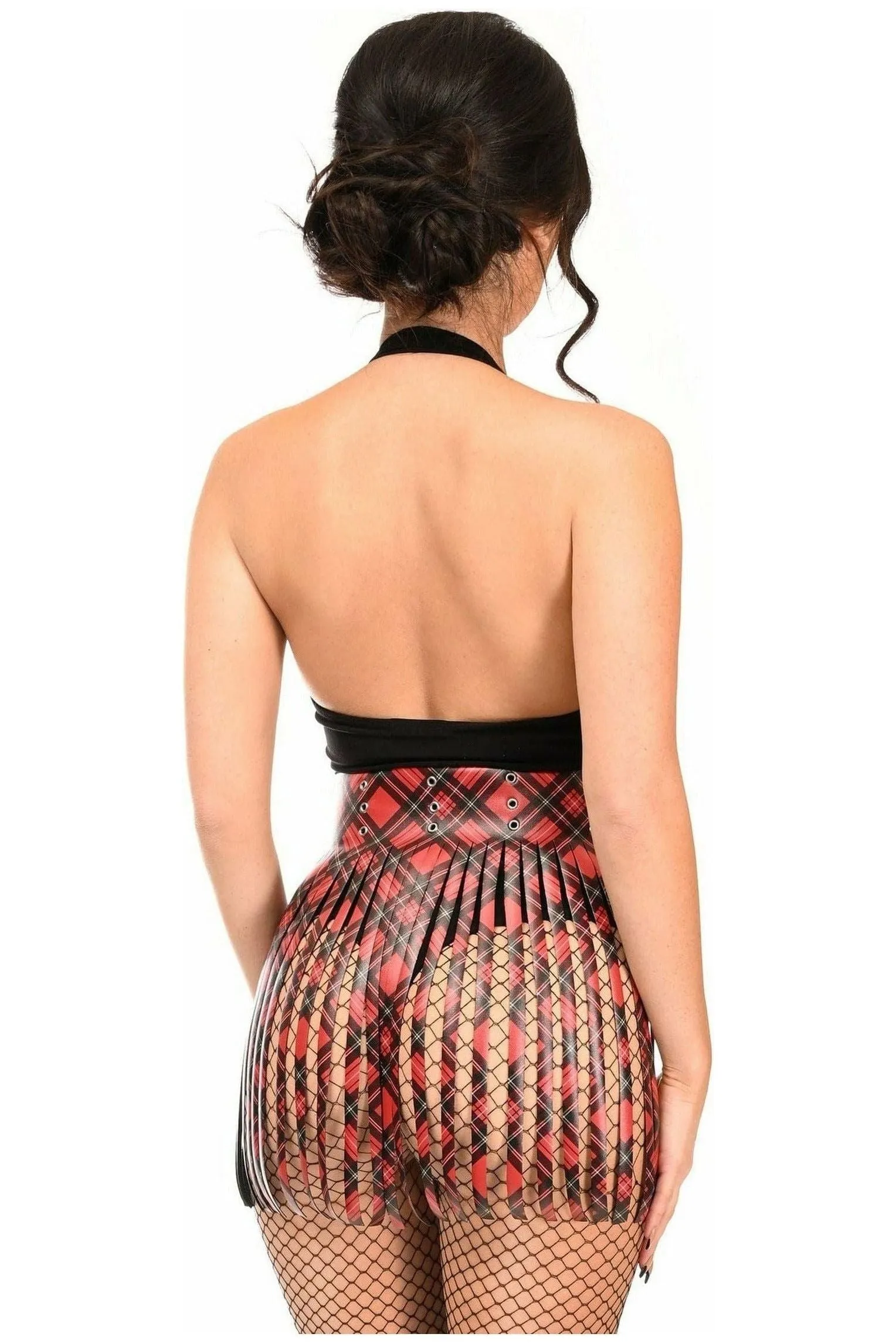 Red Plaid Faux Leather Fringe Skirt