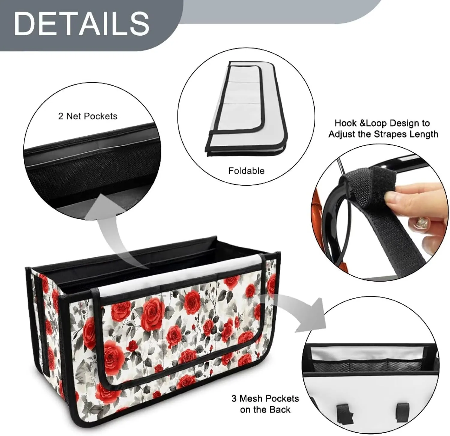 Red Rose Bag for Walker Foldable Walker Storage Bag Hand-Free Carry Storage Bag for Universal Walkers Wheelchair Basket Pouch for Elderly