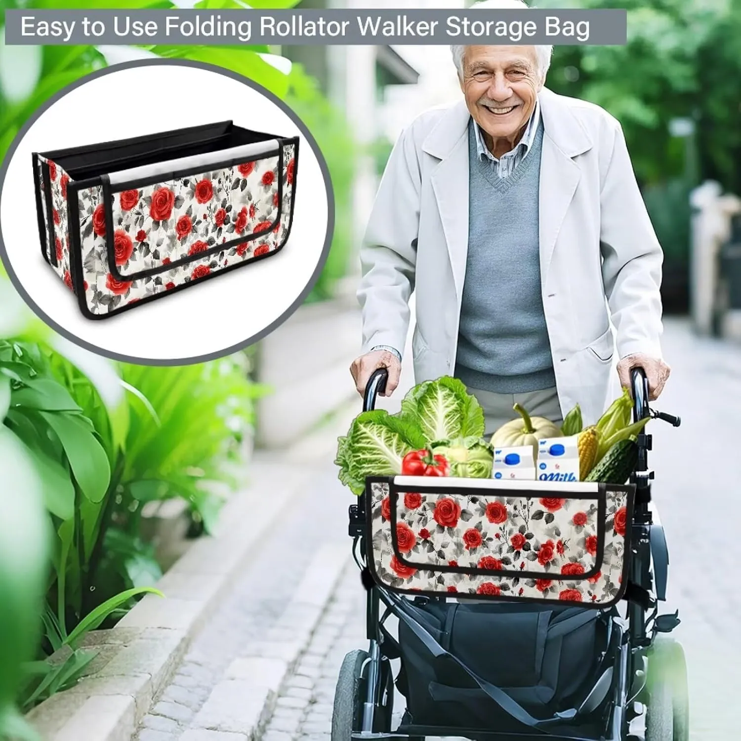 Red Rose Bag for Walker Foldable Walker Storage Bag Hand-Free Carry Storage Bag for Universal Walkers Wheelchair Basket Pouch for Elderly