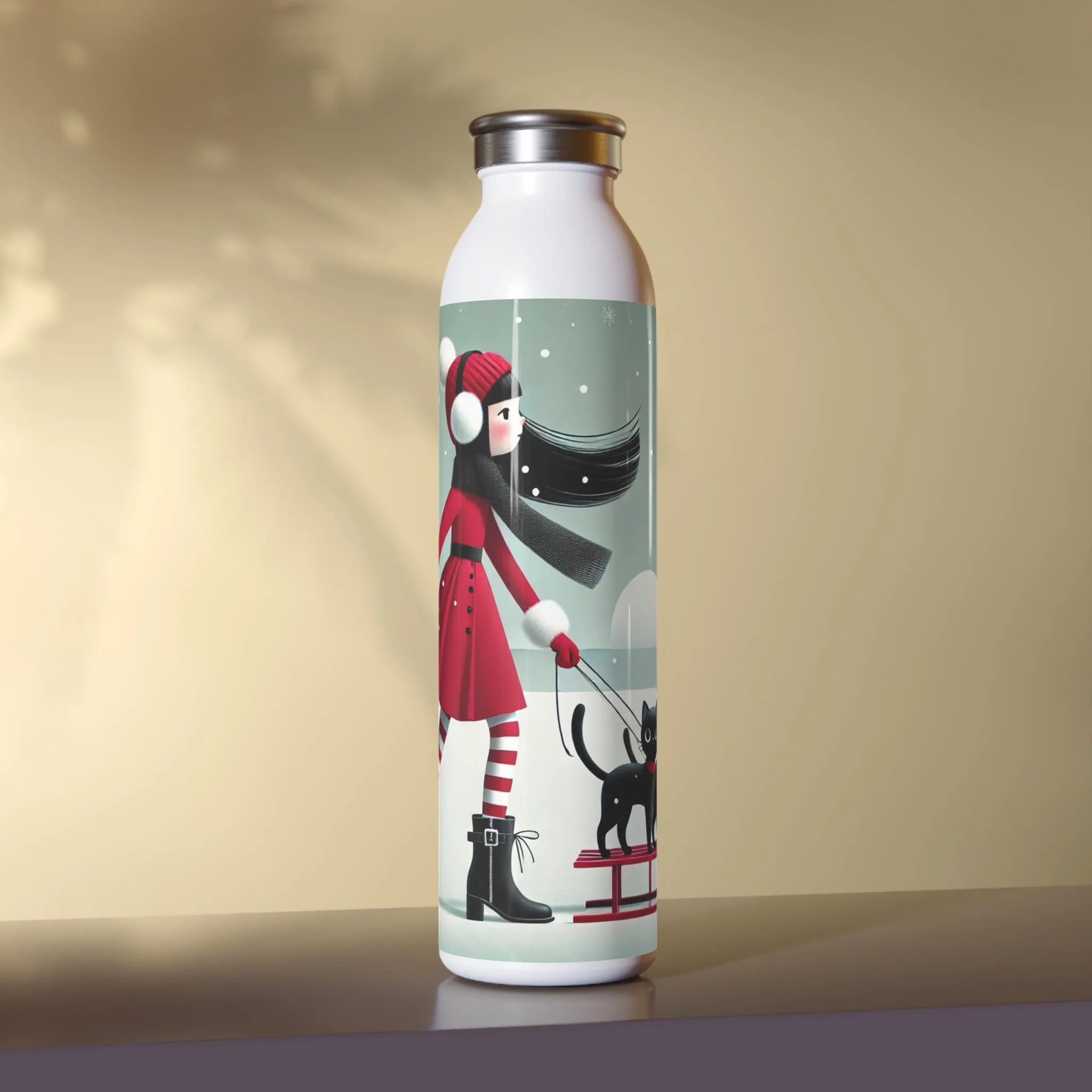 Red Sled & Curious Cats Slim Water Bottle