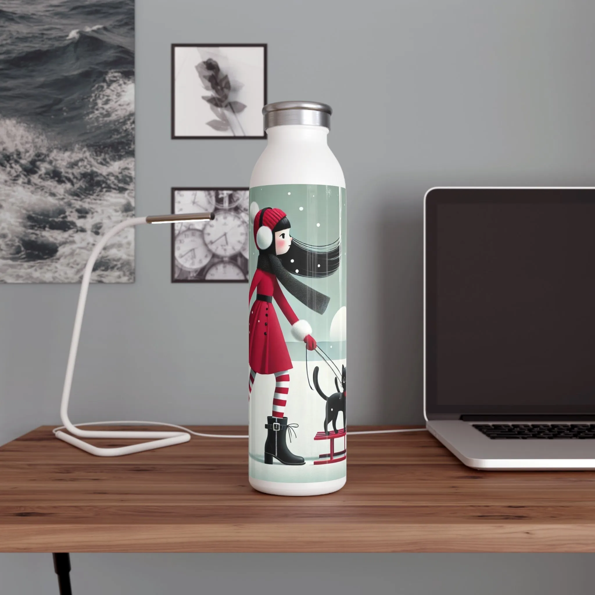 Red Sled & Curious Cats Slim Water Bottle