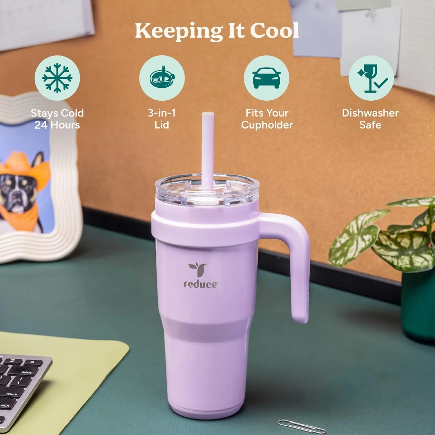 REDUCE 24 oz Stainless Steel Tumbler with Handle - Dual-Wall Vacuum Insulated Travel Mug, Sweat-Proof Lid & Reusable Straw - Keeps Drinks Cold for 24 Hrs, Fits Cupholders, Dishwasher Safe - Lilac Bud